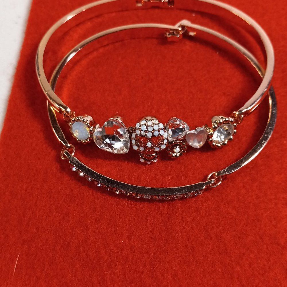 Two Rose colored metal Heart and Skull Rhinestone Bracelets